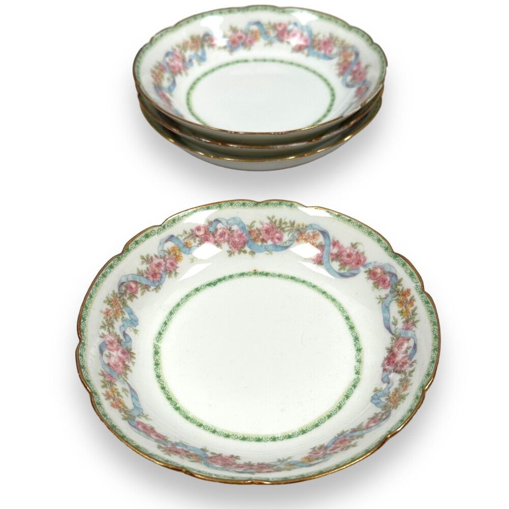 Vintage Limoges Bowl CFH GDM Lot of‎ 4 Floral Gold Rim Round France White Green